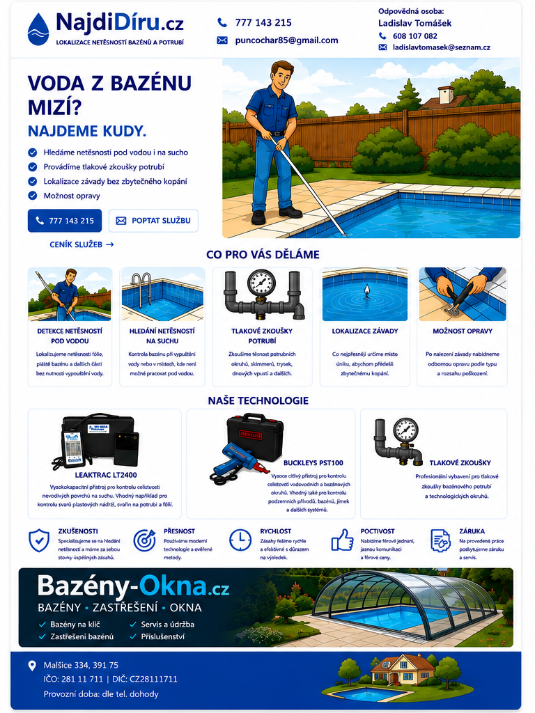 NajdiDíru.cz – lokalizace netěsností bazénů a potrubí